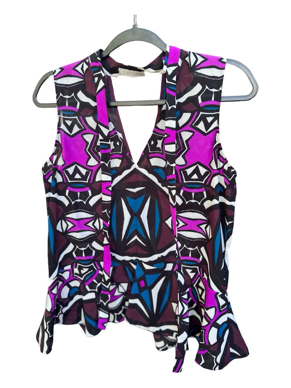 State Geometric Print V-Neck Sleeveless Peplum Top - Purple, Blue, Black, White